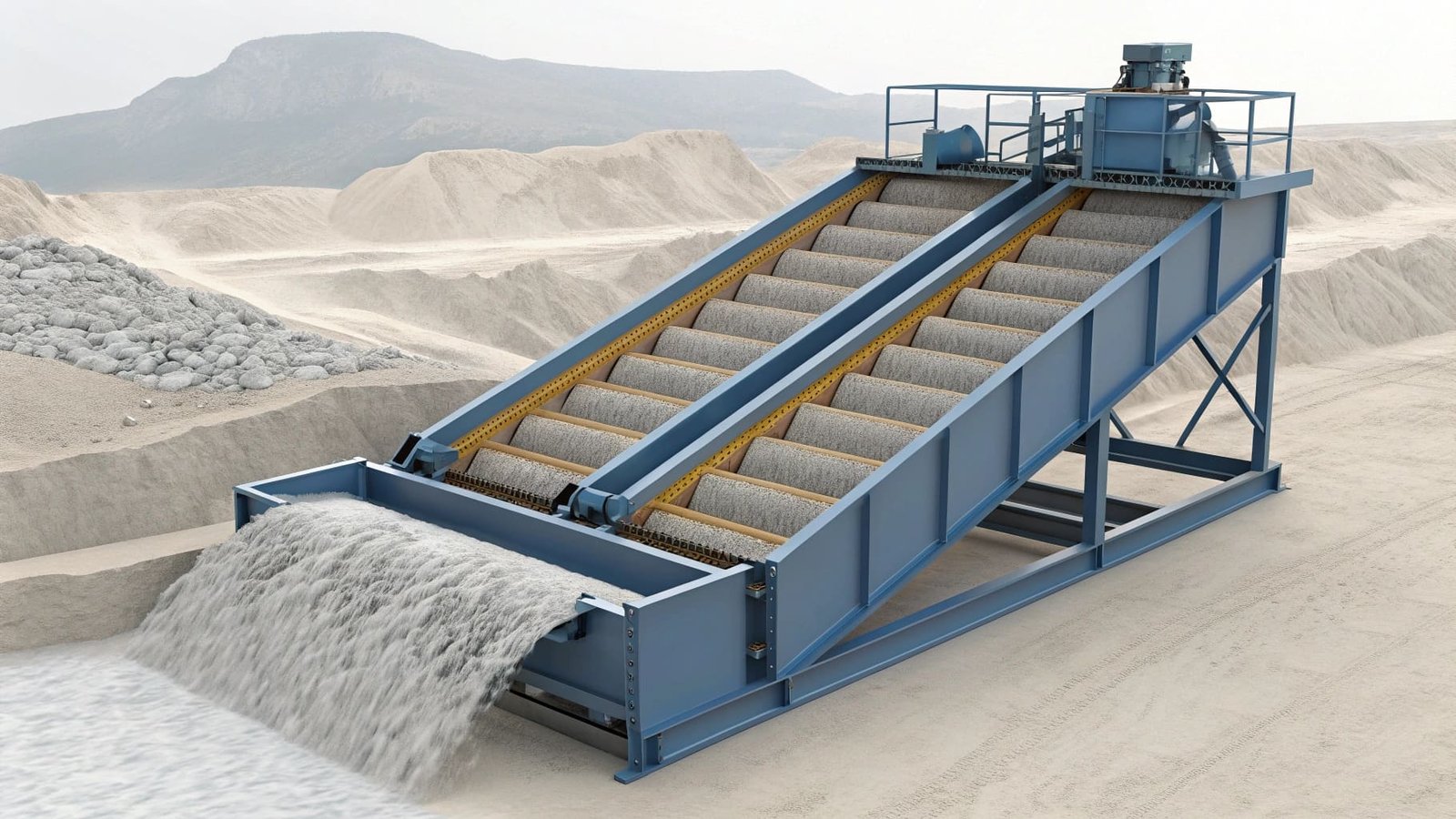 Dewatering screen at a gold mine processing tailings