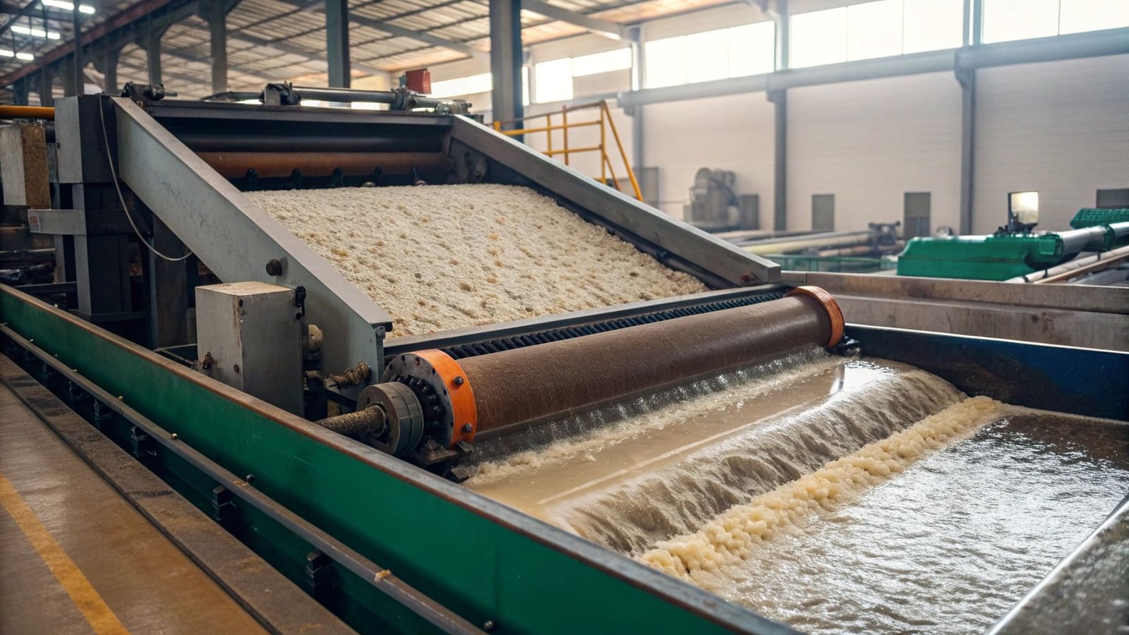 Close-up of dewatered sand coming off a screen