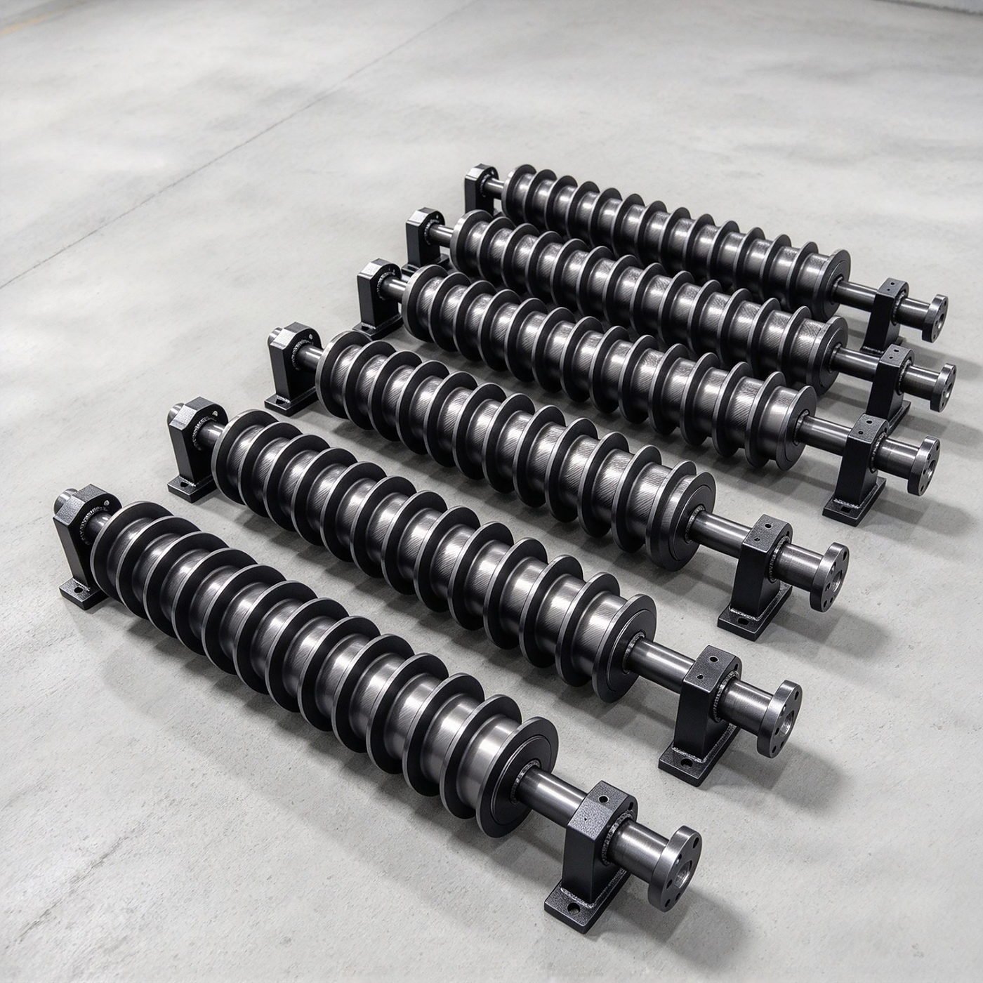 Roller screen shaft assemblies with 42CrMo quenched and tempered discs and bearing housings, factory floor
